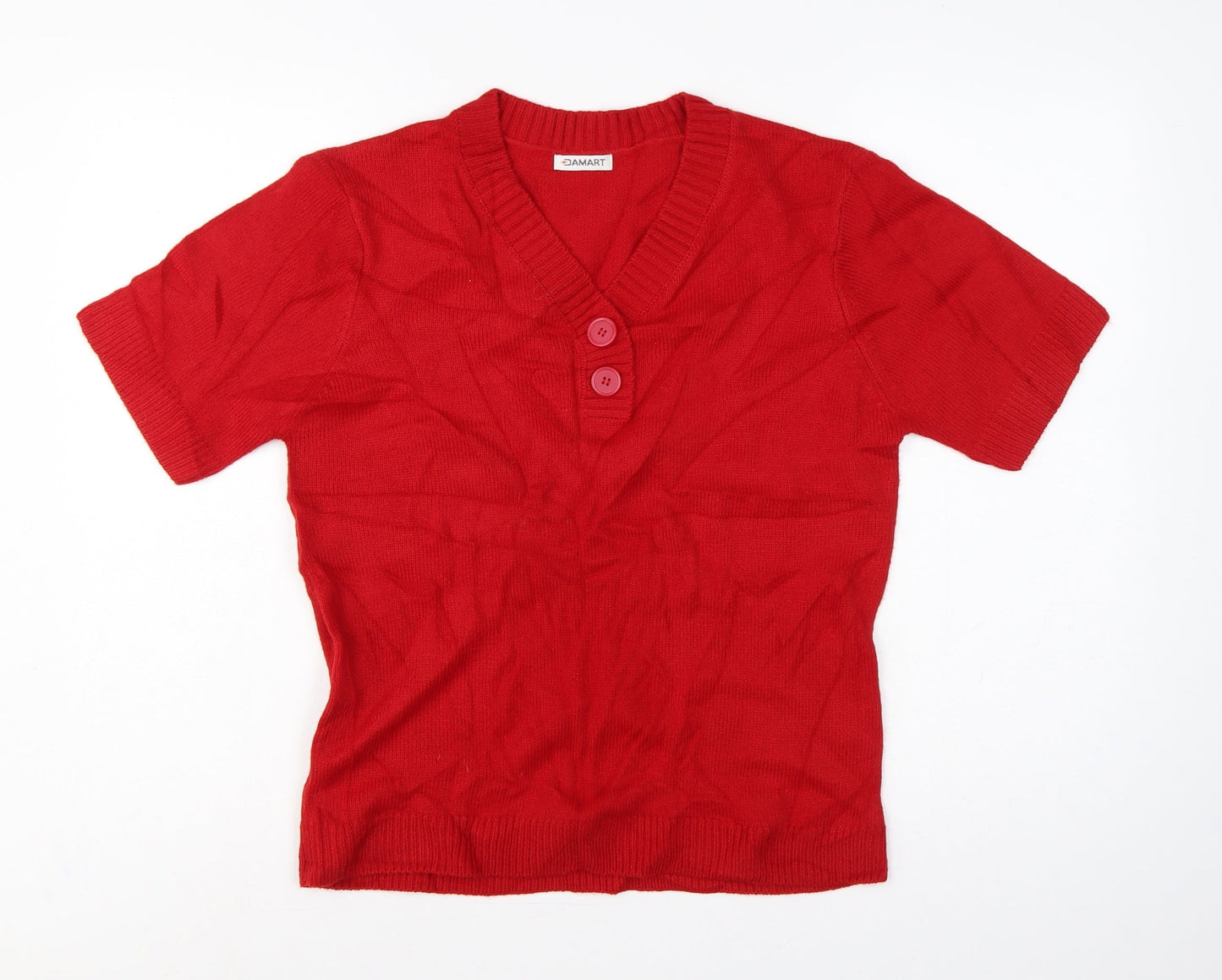 Damart Women Red UK 14 Short Sleeve V-Neck Button Henley Jumper