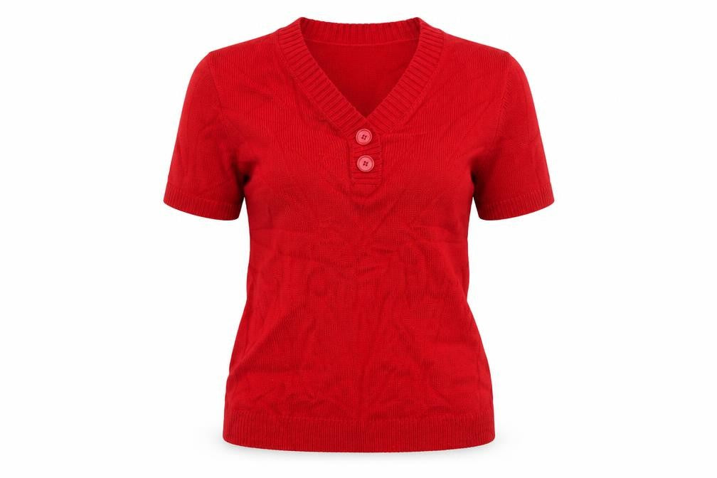 Damart Women Red UK 14 Short Sleeve V-Neck Button Henley Jumper
