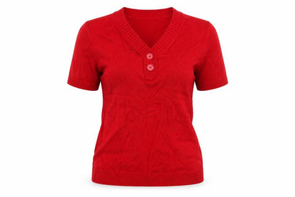 Damart Women Red UK 14 Short Sleeve V-Neck Button Henley Jumper