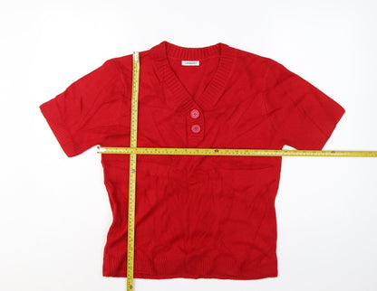 Damart Women Red UK 14 Short Sleeve V-Neck Button Henley Jumper