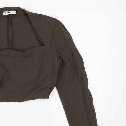 Zara Women Brown L Cropped Open Front Long Sleeve Blouse