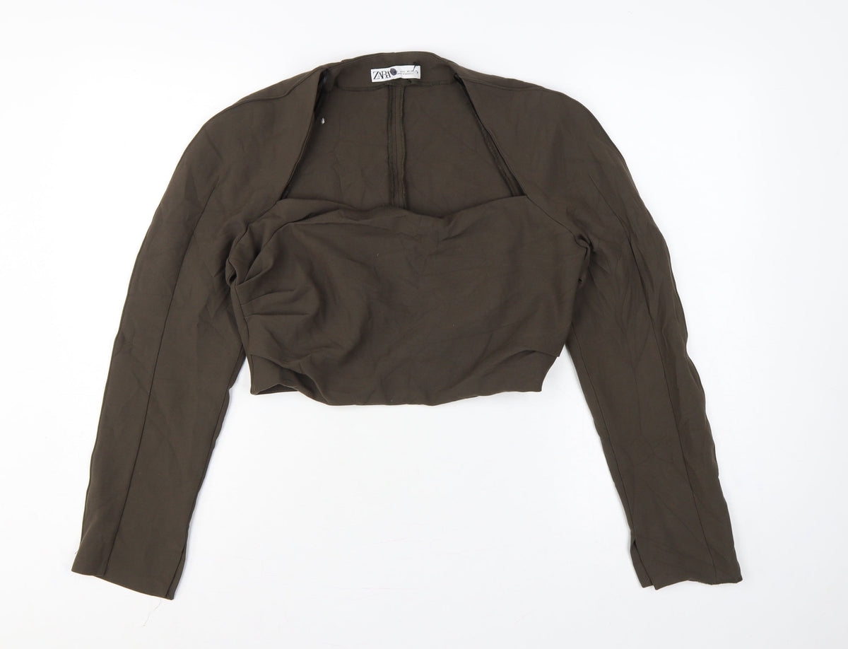 Zara Women Brown L Cropped Open Front Long Sleeve Blouse