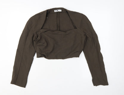 Zara Women Brown L Cropped Open Front Long Sleeve Blouse