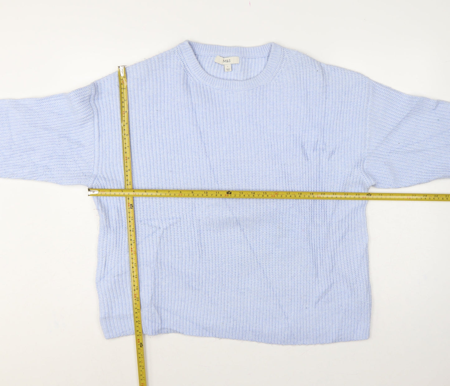 Marks and Spencer Women Blue L Rib Knit Crew Neck Jumper