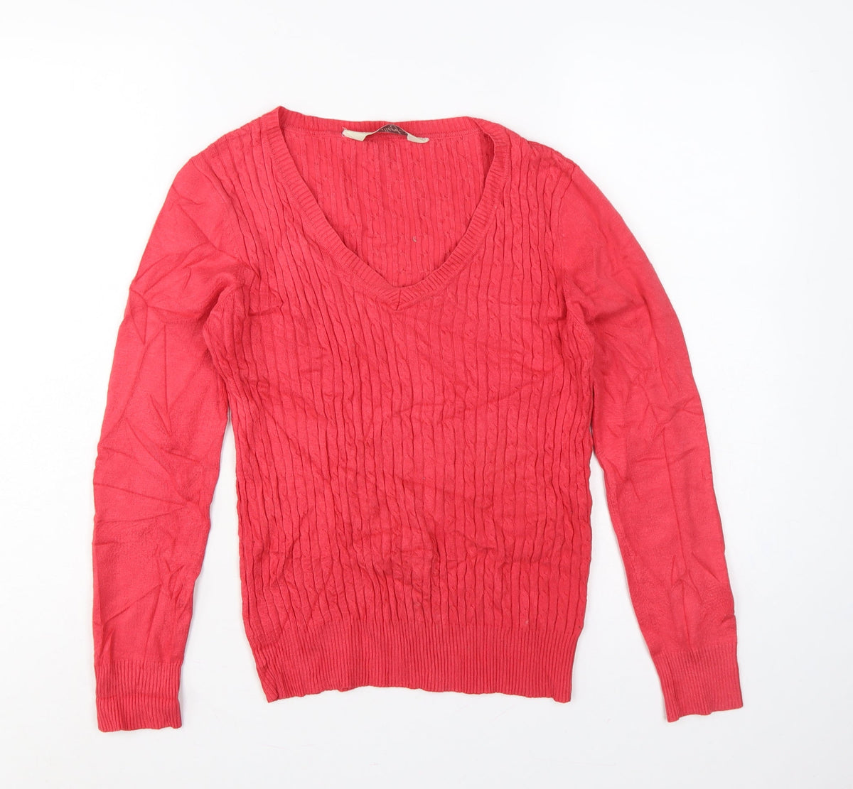Gallery Women Pink S Cable-Knit V-Neck Long Sleeve Pullover Jumper