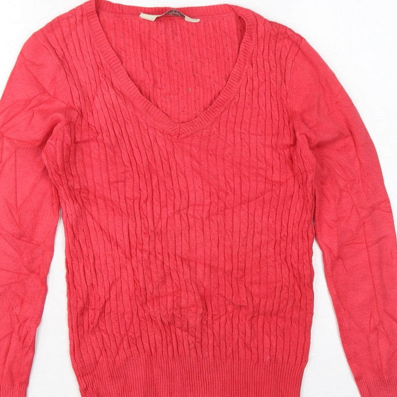 Gallery Women Pink S Cable-Knit V-Neck Long Sleeve Pullover Jumper