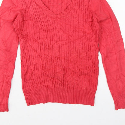 Gallery Women Pink S Cable-Knit V-Neck Long Sleeve Pullover Jumper
