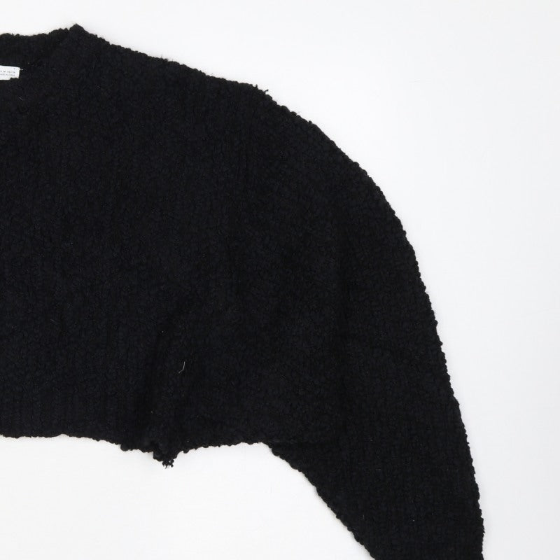 Zara Women Black M Cropped Open Bouclé Knit Shrug Cardigan Long Sleeve