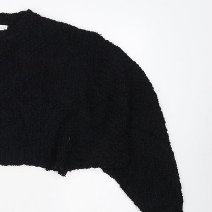 Zara Women Black M Cropped Open Bouclé Knit Shrug Cardigan Long Sleeve