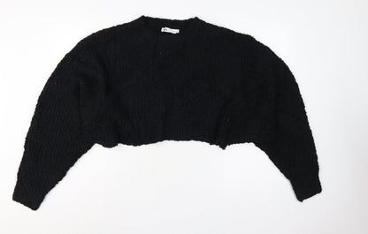 Zara Women Black M Cropped Open Bouclé Knit Shrug Cardigan Long Sleeve