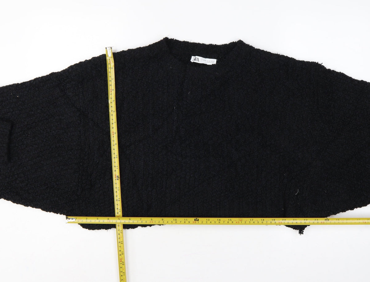 Zara Women Black M Cropped Open Bouclé Knit Shrug Cardigan Long Sleeve