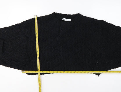 Zara Women Black M Cropped Open Bouclé Knit Shrug Cardigan Long Sleeve