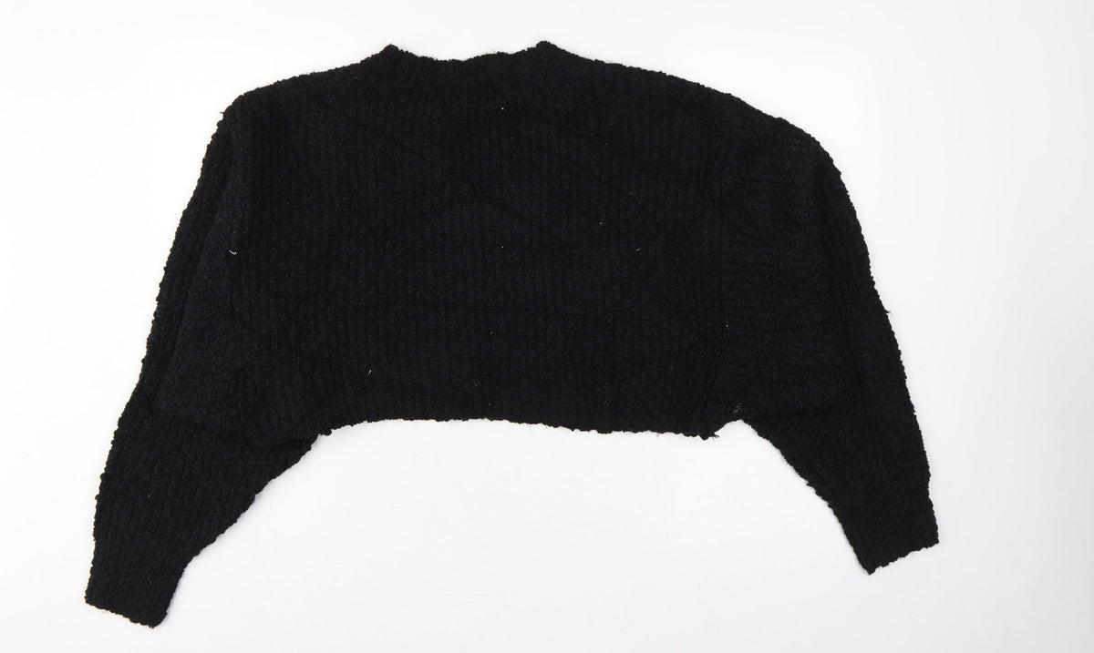 Zara Women Black M Cropped Open Bouclé Knit Shrug Cardigan Long Sleeve