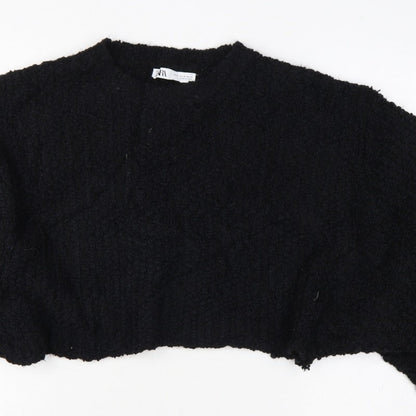 Zara Women Black M Cropped Open Bouclé Knit Shrug Cardigan Long Sleeve