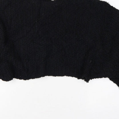 Zara Women Black M Cropped Open Bouclé Knit Shrug Cardigan Long Sleeve