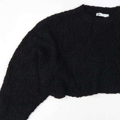 Zara Women Black M Cropped Open Bouclé Knit Shrug Cardigan Long Sleeve