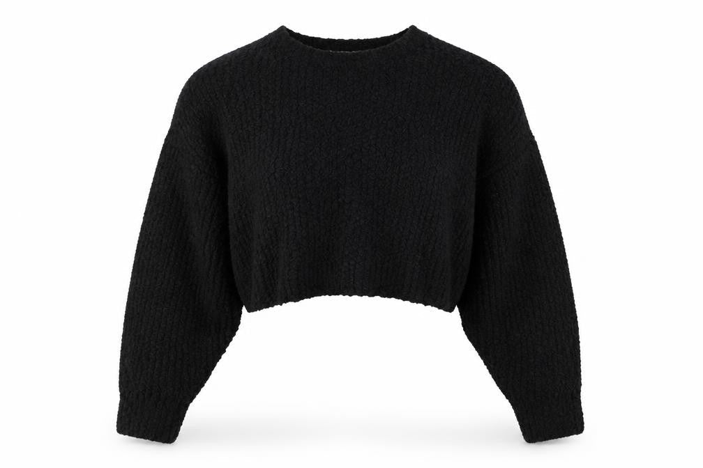 Zara Women Black M Cropped Open Bouclé Knit Shrug Cardigan Long Sleeve