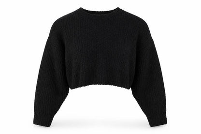 Zara Women Black M Cropped Open Bouclé Knit Shrug Cardigan Long Sleeve