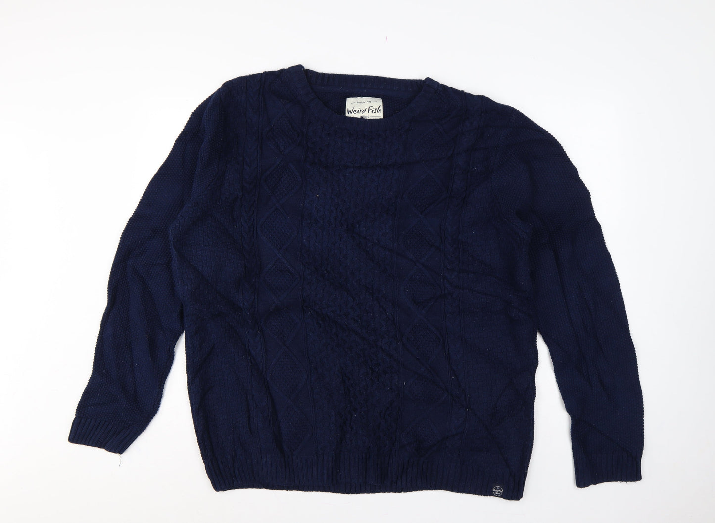 Weird Fish Men’s Navy 2XL Cable-Knit Crew Neck Cotton Blend Jumper