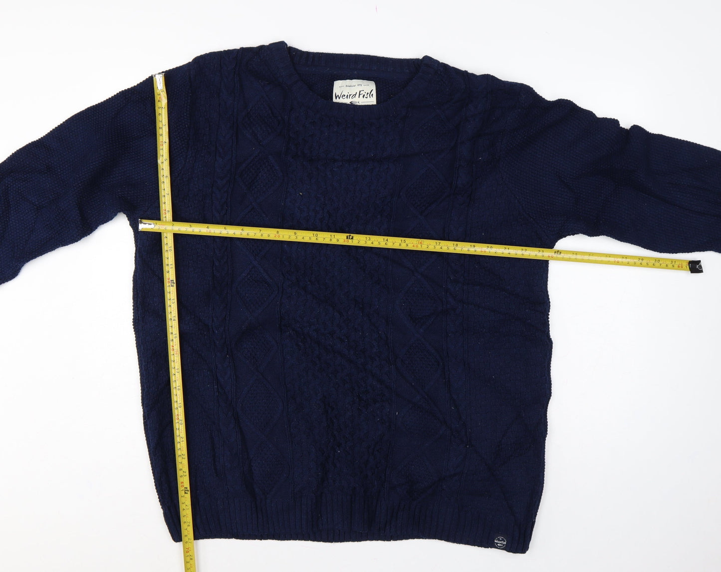 Weird Fish Men’s Navy 2XL Cable-Knit Crew Neck Cotton Blend Jumper