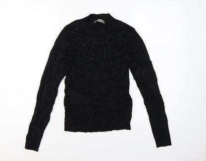 Oasis Women Black Size S Beaded High Neck Long Sleeve Knit Jumper