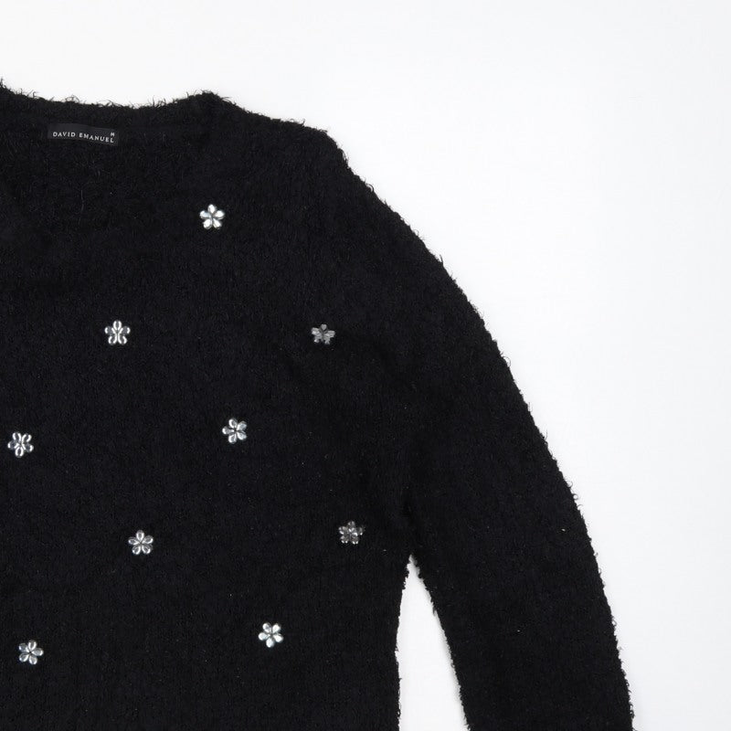 David Emanuel Women’s Black M Floral Jewel V-Neck Fuzzy Knit Jumper
