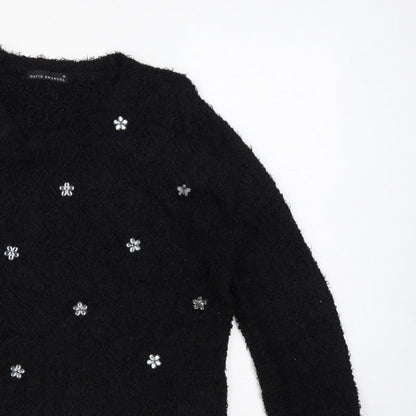 David Emanuel Women’s Black M Floral Jewel V-Neck Fuzzy Knit Jumper