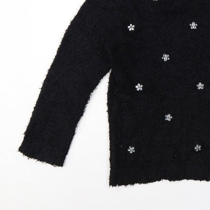 David Emanuel Women’s Black M Floral Jewel V-Neck Fuzzy Knit Jumper
