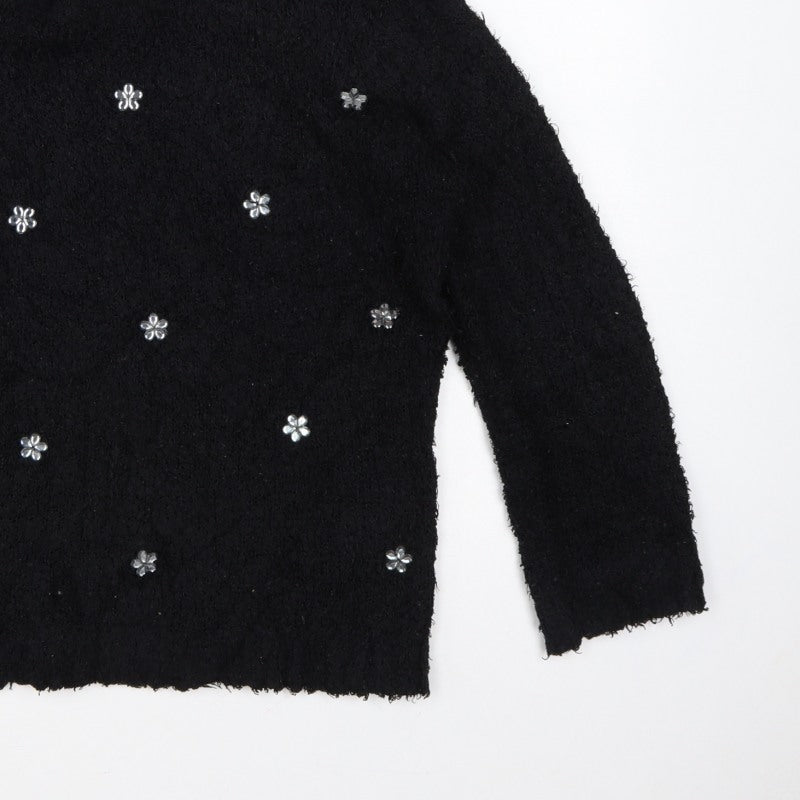 David Emanuel Women’s Black M Floral Jewel V-Neck Fuzzy Knit Jumper