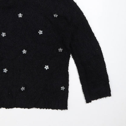David Emanuel Women’s Black M Floral Jewel V-Neck Fuzzy Knit Jumper