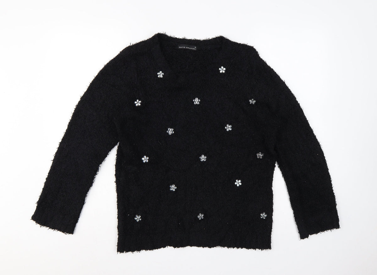 David Emanuel Women’s Black M Floral Jewel V-Neck Fuzzy Knit Jumper