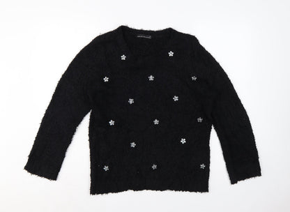 David Emanuel Women’s Black M Floral Jewel V-Neck Fuzzy Knit Jumper