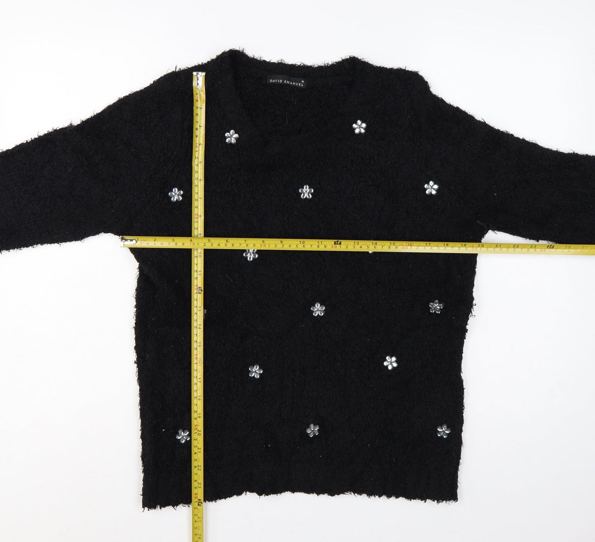 David Emanuel Women’s Black M Floral Jewel V-Neck Fuzzy Knit Jumper