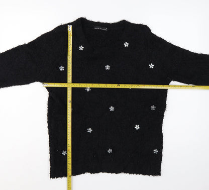 David Emanuel Women’s Black M Floral Jewel V-Neck Fuzzy Knit Jumper