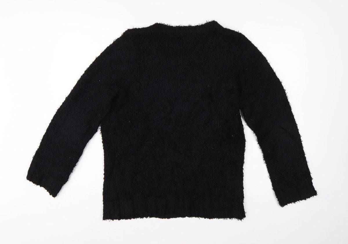 David Emanuel Women’s Black M Floral Jewel V-Neck Fuzzy Knit Jumper