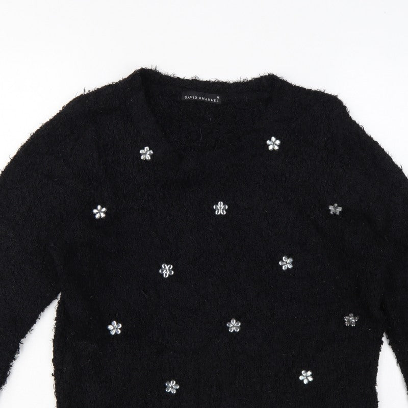 David Emanuel Women’s Black M Floral Jewel V-Neck Fuzzy Knit Jumper