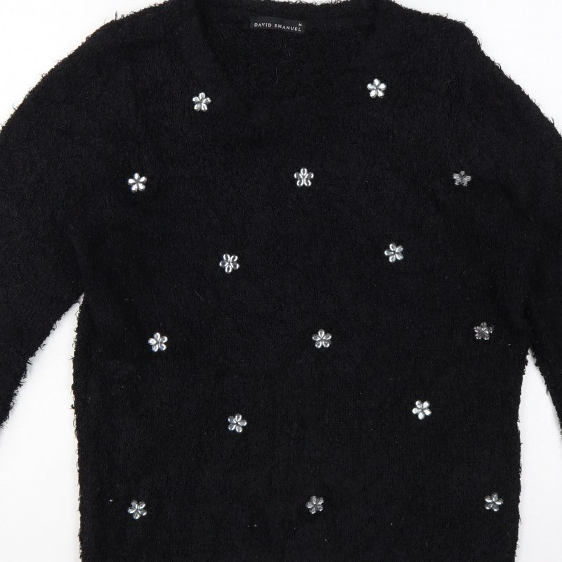 David Emanuel Women’s Black M Floral Jewel V-Neck Fuzzy Knit Jumper