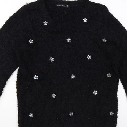 David Emanuel Women’s Black M Floral Jewel V-Neck Fuzzy Knit Jumper