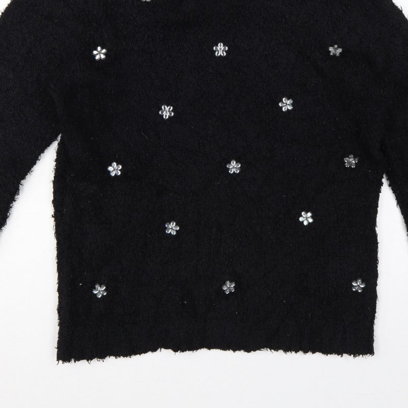 David Emanuel Women’s Black M Floral Jewel V-Neck Fuzzy Knit Jumper