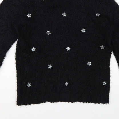 David Emanuel Women’s Black M Floral Jewel V-Neck Fuzzy Knit Jumper