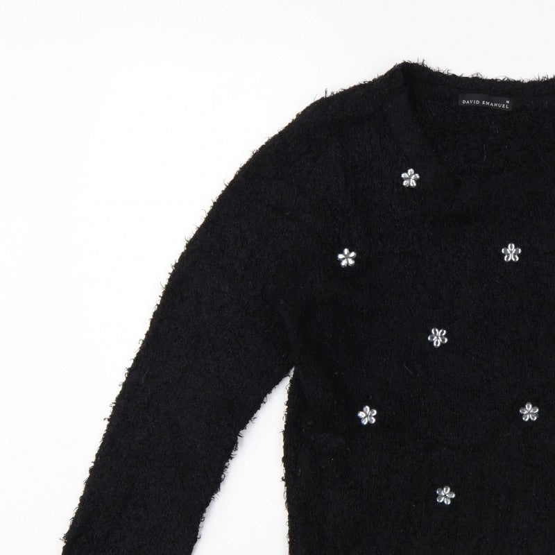 David Emanuel Women’s Black M Floral Jewel V-Neck Fuzzy Knit Jumper