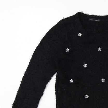 David Emanuel Women’s Black M Floral Jewel V-Neck Fuzzy Knit Jumper