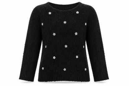 David Emanuel Women’s Black M Floral Jewel V-Neck Fuzzy Knit Jumper