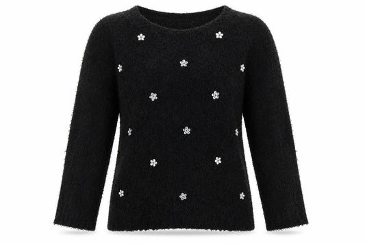 David Emanuel Women’s Black M Floral Jewel V-Neck Fuzzy Knit Jumper