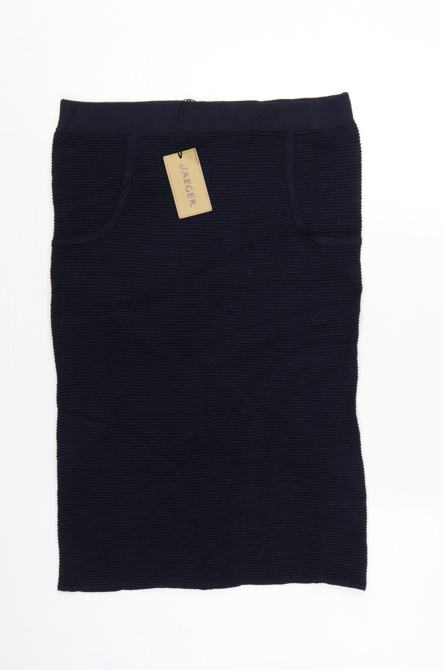 Jaeger Women’s Navy S Rib Knit Wool Pencil Midi Skirt with Pockets