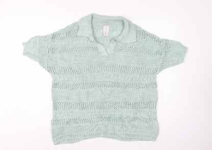 Joie Women’s Blue UK 20 Open Knit Collared Short Sleeve Jumper