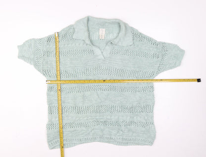 Joie Women’s Blue UK 20 Open Knit Collared Short Sleeve Jumper