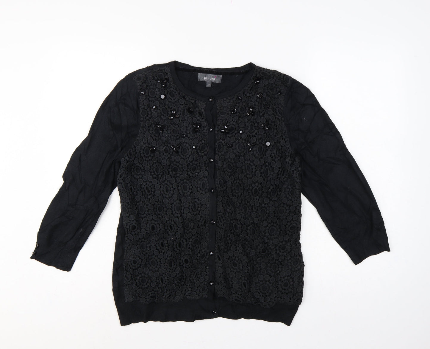 Per Una Women’s Black UK 14 Lace Beaded Button Cardigan 3/4 Sleeve