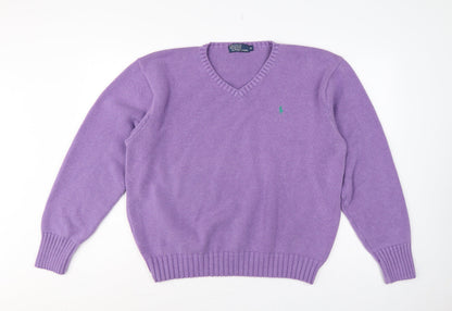 Polo Ralph Lauren Women Purple XL Cotton V-Neck Logo Pullover Jumper