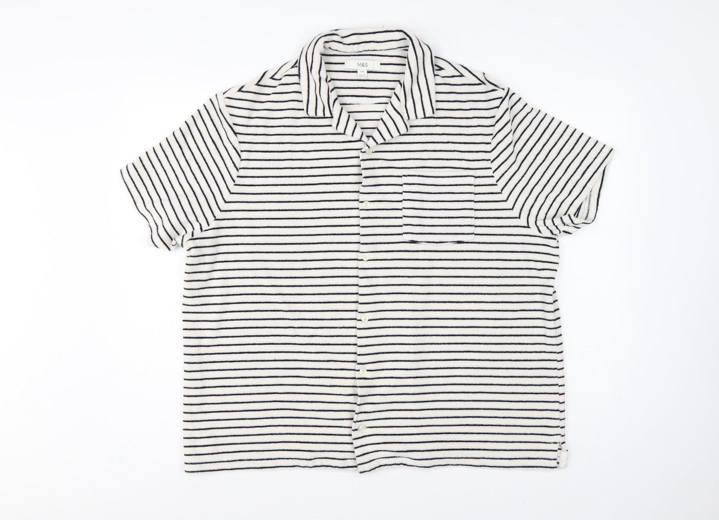Marks and Spencer Women White Navy Striped Basic Cotton Terry Polo Shirt 2XL